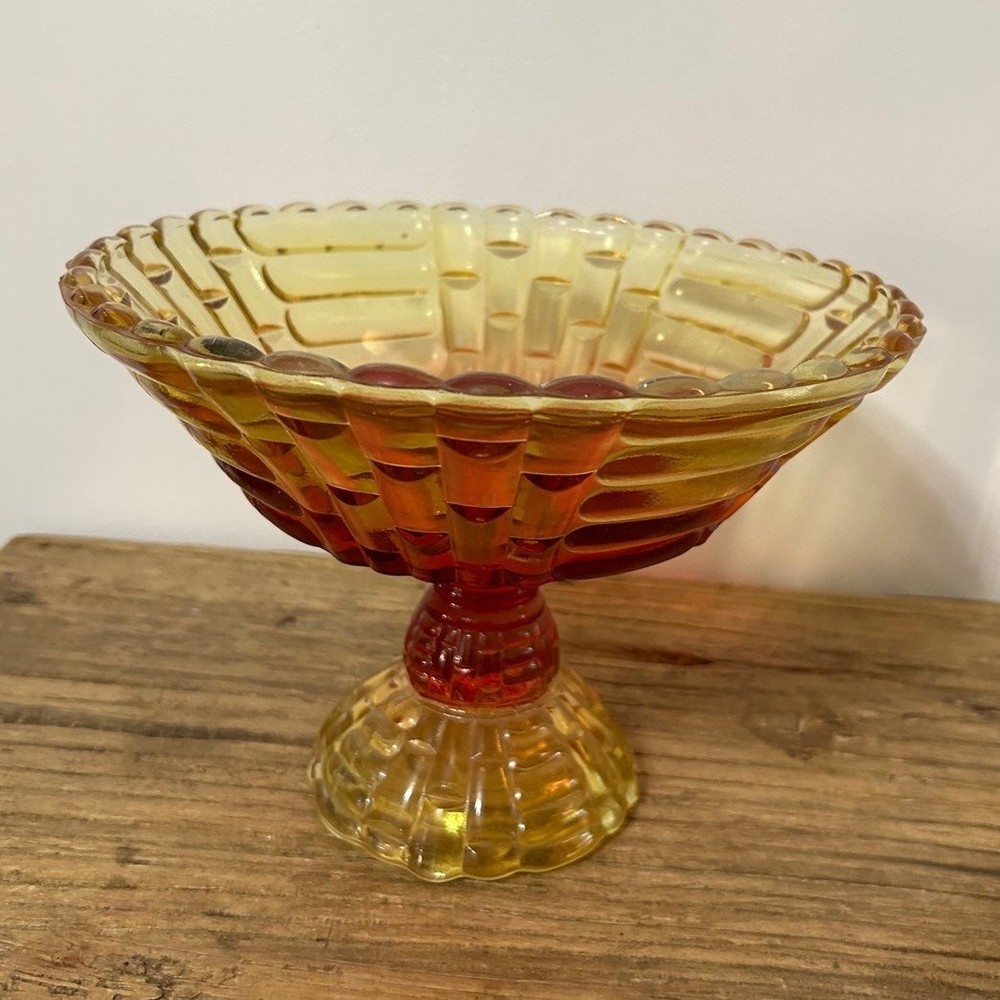 Vintage Amberina Glass Large Candy Dish Compote Jeanette Floragold Pattern